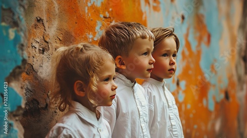 Three adorable little children dressed in white shirts standing behind a wall