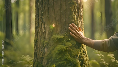 hand touch the tree trunk. Embracing nature,ecology a energy forest nature concept. a man's hand touches a pine tree trunk close-up glare in green forest with sunlight. hand tree touch trunk. bark woo photo