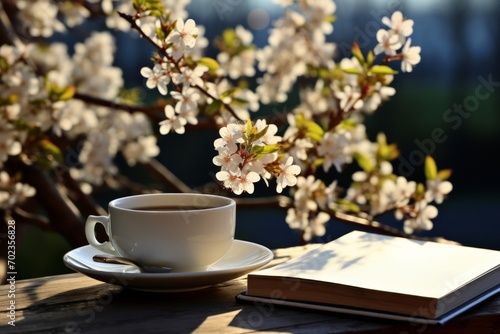Relaxing and rejuvenating spring ambiance with a white coffee cup and a book on a table