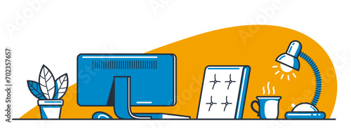 Place of work office table desk vector flat illustration isolated over white, work from home comfortable work space concept, empty chair nobody vacant job concept.