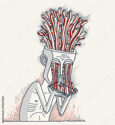 Mobile phone internet addiction, vector illustration of addicted man holding a phone with worms growing from it, brain damaging and degradation.