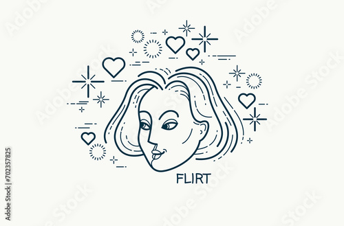 Emotion of flirt concept, vector drawing of a woman face displays positive and courage, emblem or logo look-like drawing.