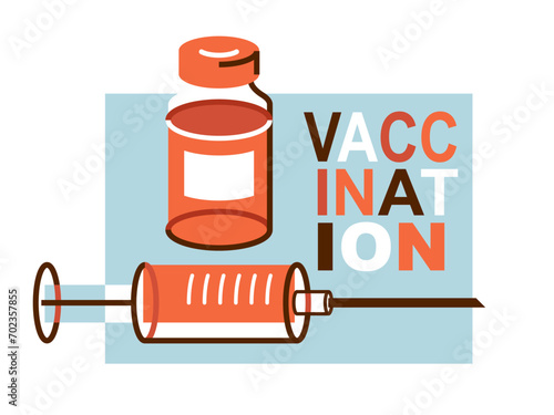 Vaccination theme vector illustration of a syringe with vial isolated over white, epidemic or pandemic coronavirus covid 19 or flu or SARS or any other vaccine, pharmacology concept.
