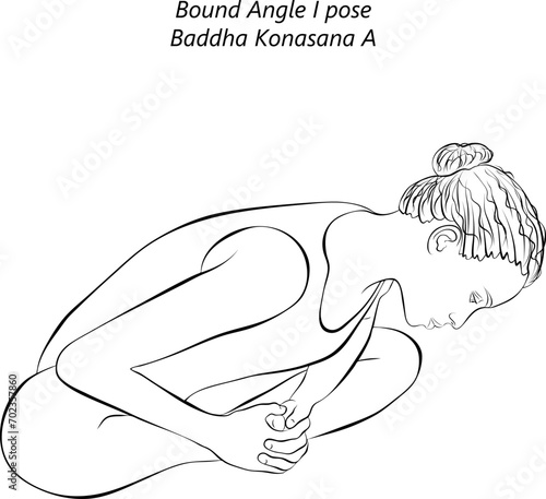 Sketch of woman doing yoga Baddha Konasana A. Bound Angle 1 pose. Extended Bound Angle pose. Intermediate Difficulty. Isolated vector illustration.