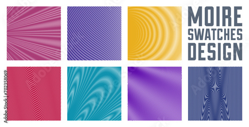 Abstract vector backgrounds set made with linear Moire, op art effect surreal textures, sound and music waves theme, color grid abstractions.