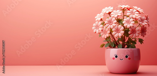 cute funny cartoon character happy potted flower in pot on pink background with copy space