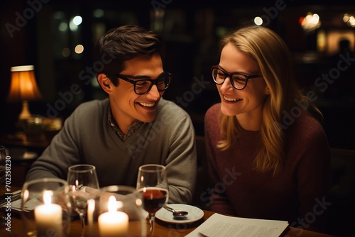 Beautiful Young Married Couple Smiling and Laughing on Romantic Date Night at a Cozy Restaurant