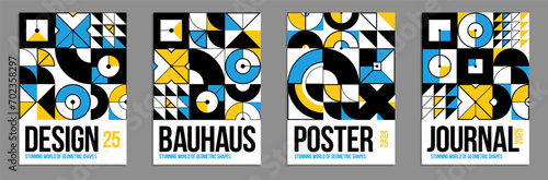 Abstract geometric posters and covers set, vector background pattern magazine or catalog templates, technic style geometric shapes composition.