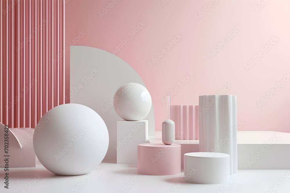 The background is pink and white with three-dimensional shapes The background is pink and white with three-dimensional shapes