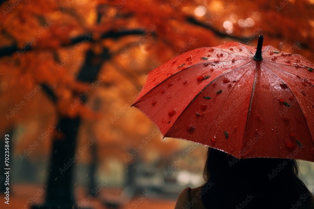 Stylish young woman with a vibrant red umbrella enjoying a rainy day with copy space available