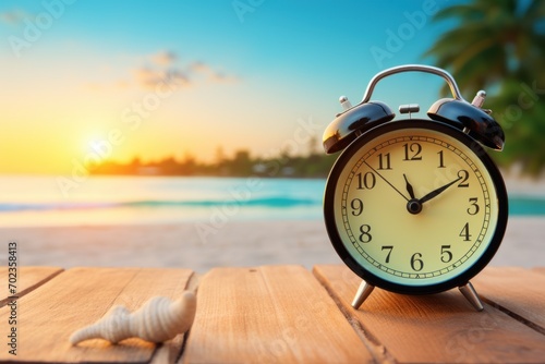 alarm clock on the beach. time for rest, vacation, relaxation