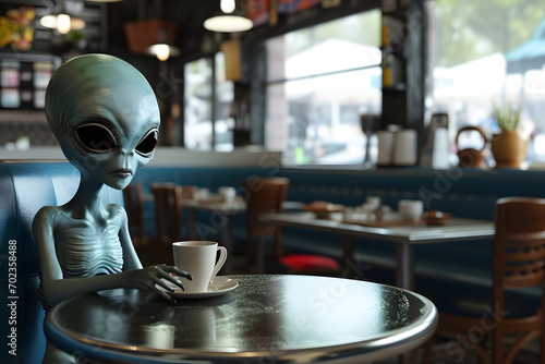  alien seat in the cafe on the table with coffee. soft cafe background