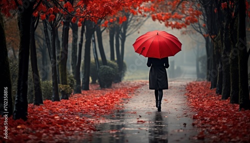 Fashionable woman with red umbrella in the rain, perfect copy space for your message or design photo