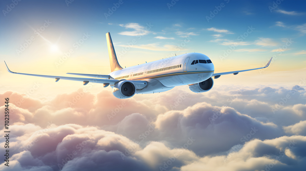 Obraz premium Aircraft flies in the sky above the clouds