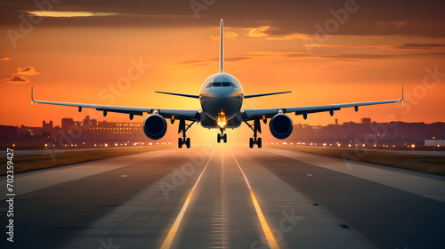A large aircraft taking off from an airport runway at sunset or dawn with the landing gear down and the landing gear down, as the plane is about to take off
