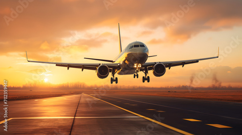 Aircraft or airplane taking off or landing from the runaway in the sunset . Golden hour photo