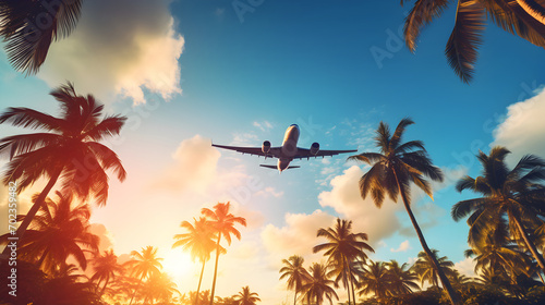Airplane flying above palm trees in sunset sky with sun rays. Concept of traveling, vacation and travel by air transport