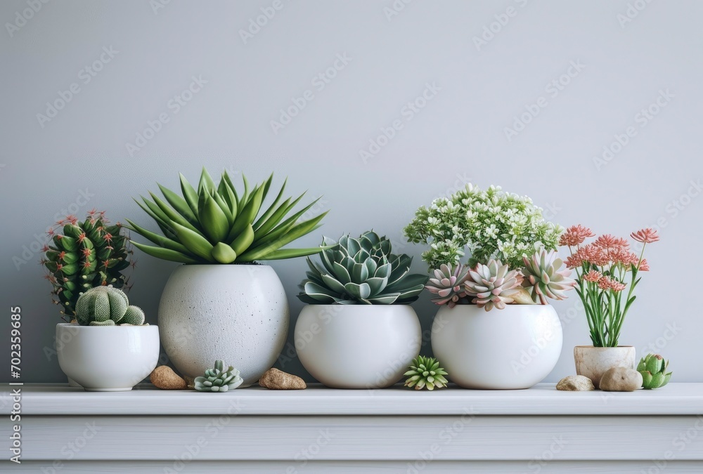 Planters for photo frame on white shelf with succulents