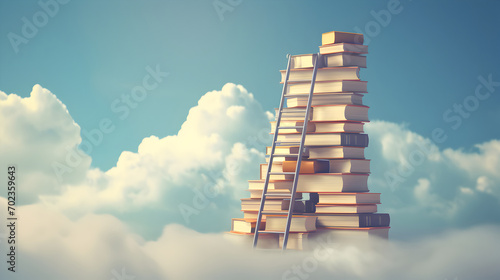 Book stack with ladder towards the sky and clouds background, Education and growth concept