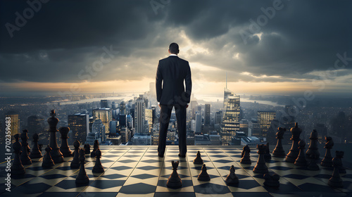 Businessman standing on a chess board, building terrace viiew
