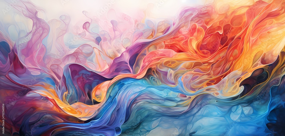 A cascade of liquid in a spectrum of colors, frozen in high definition to capture the intricate details of fluid motion in an abstract space