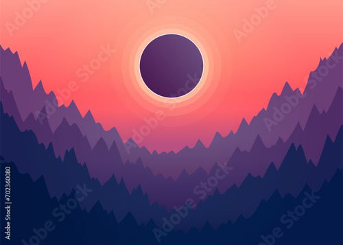 Solar eclipse in nature with mountain. Moon shading sun. Eclipse phase with formation total umbra. Vector photo