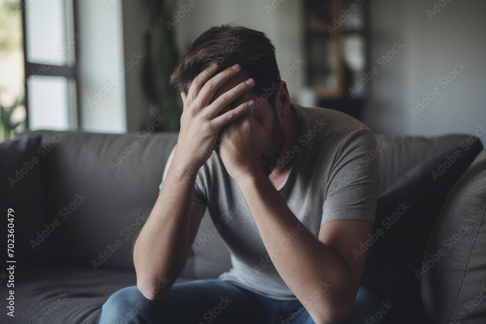 Worried man sitting on sof with hand on forehead in aparmen in serious mood emotion. Major Depressive Disorder called MDD concept. Lonely symptom of men alertness. Physical healthcare and social issue Worried man sitting on sof with hand on forehead in aparmen in serious mood emotion. Major Depressive Disorder called MDD concept. Lonely symptom of men alertness. Physical healthcare and social issue