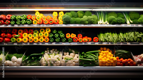 Fruits and vegetables kept in the refrigerated shelf of a supermarket photo