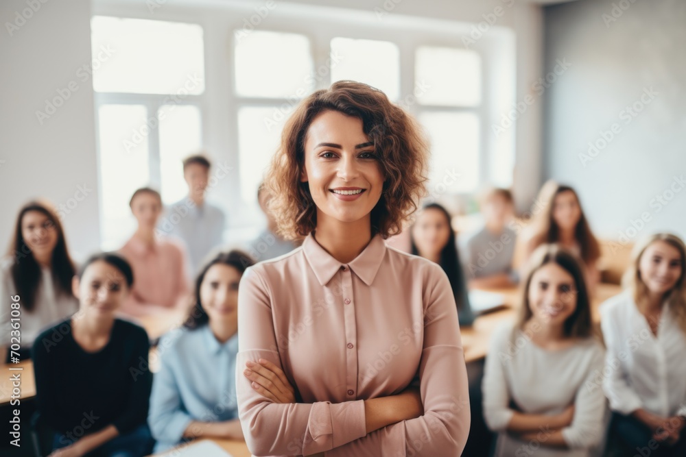 The lecturer stands in front of the class with students in the background The lecturer stands in front of the class with students in the background