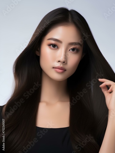 beautiful young asian woman long straight hair with Korean style makeup and perfect clean skin on isolated white background, AI Generative