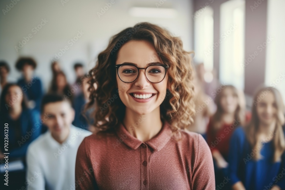The lecturer stands in front of the class with students in the background The lecturer stands in front of the class with students in the background