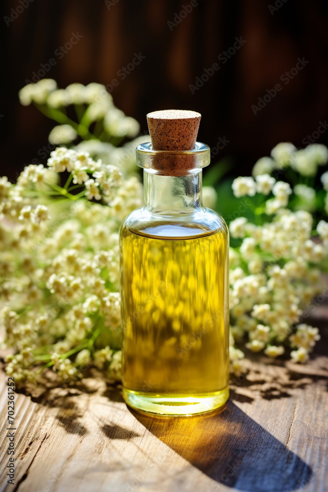 bottle, jar with yarrow essential oil extract