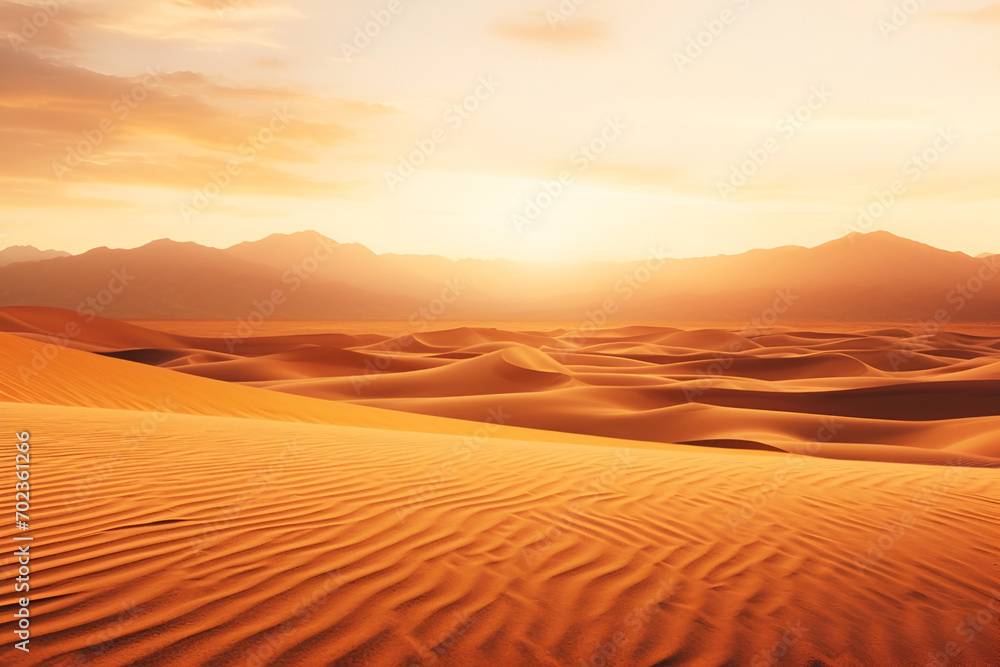 Golden sand ripples at sunset. The sun sets behind the orange sandy mountains, creating an atmosphere of peace, background with copy space