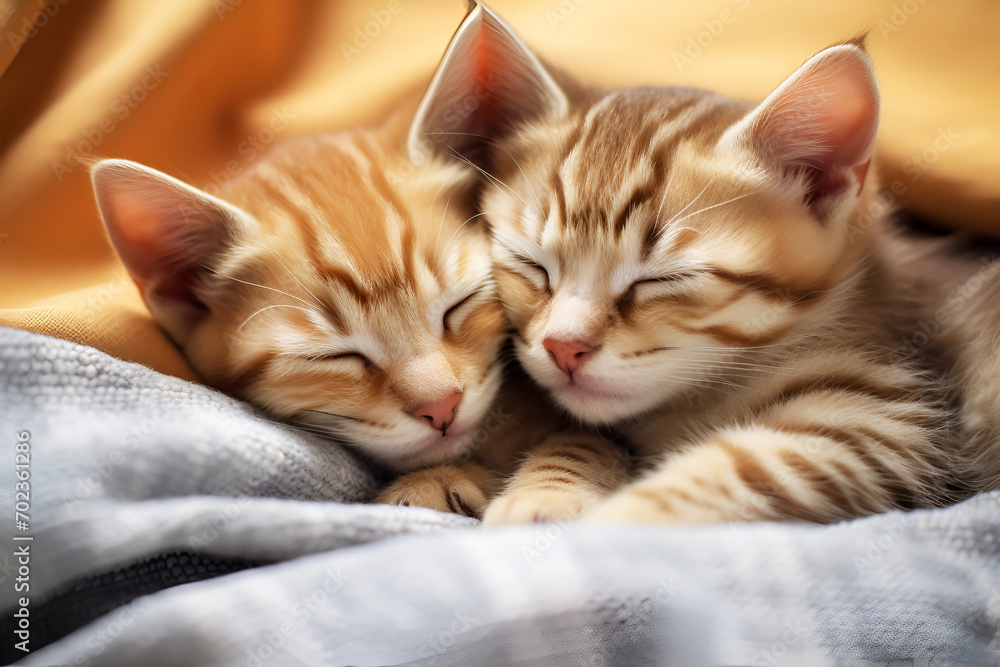 two adorable red kittens cuddled up together on a soft, texture white blanket. They are sleeping peacefully, with their bodies curled up close to each other in a comforting embrace