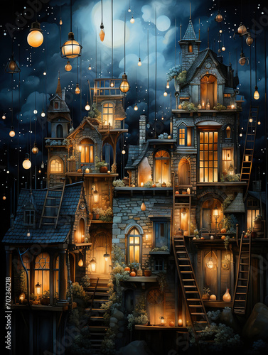 Enchanted Night in a Magical Village, Watercolor Illustration of a Castle at Night, Story Illustration