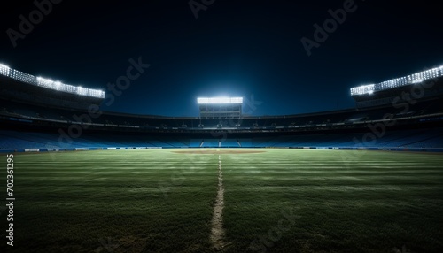 Eerie view of a deserted baseball stadium at night, with a radiant diamond on the immaculate field