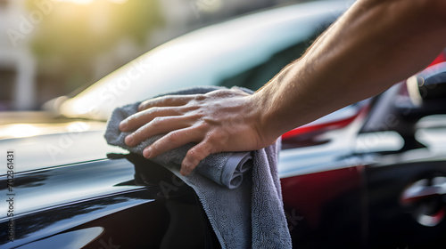 Man's hands cleaning car with microfiber cloth