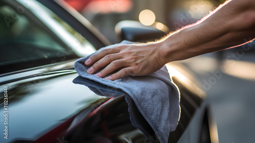 Man's hands close up cleaning car with microfiber cloth