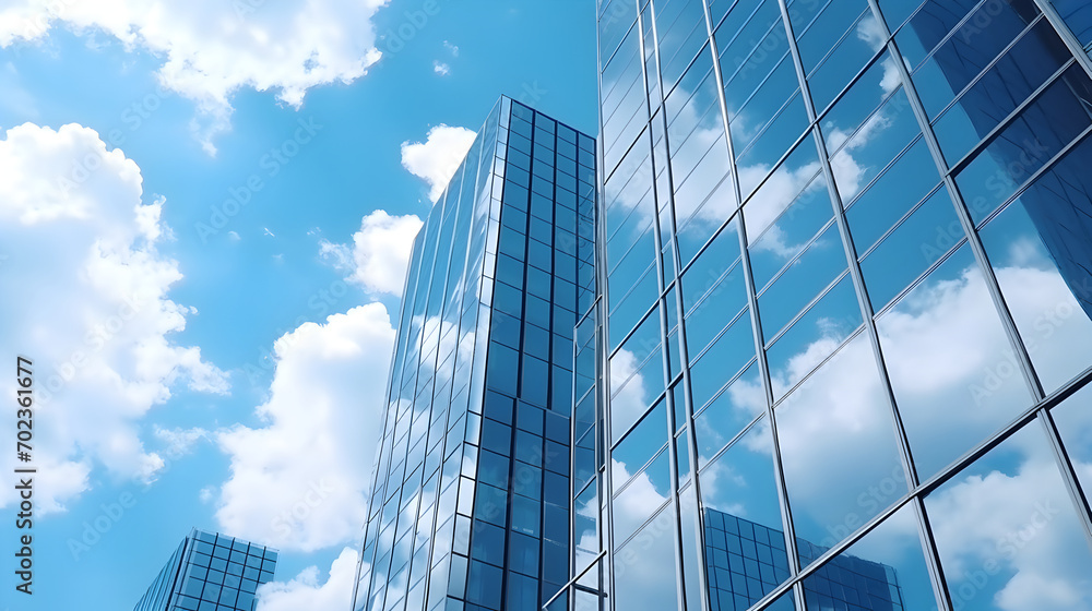 Reflective skyscrapers, business office buildings, window glass reflecting the blue sky and white clouds