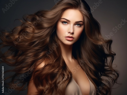 Young stunning woman with healthy long brunette hair. Glossy wavy beautiful hair. Hair salon banner 