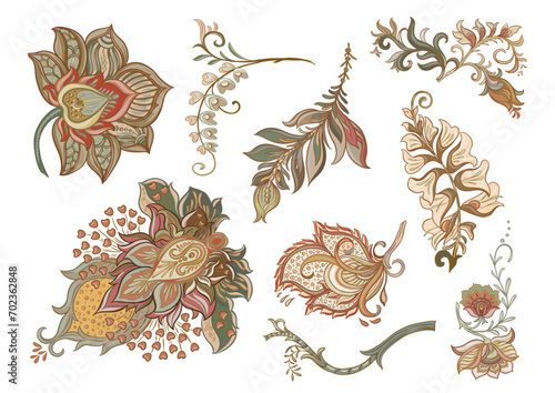 Fantasy flowers in retro, vintage, jacobean embroidery style. Clip art, set of elements for design Vector illustration.