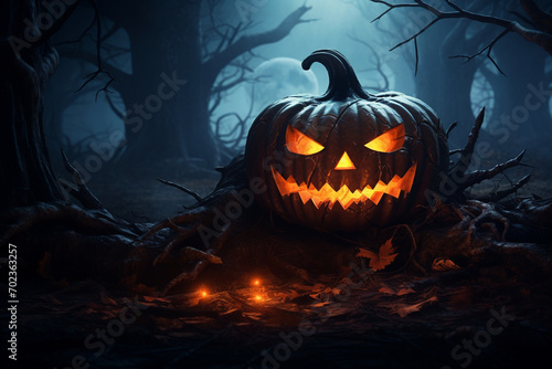 Halloween spooky background, scary jack o lantern pumpkin carved smiling face in creepy october dark night gloomy foggy forest. Happy Halloween backdrop