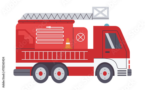 Aerial apparatus engine for fire and rescue with extendable boom. Fire fighters truck in flat design, isolated vector illustration