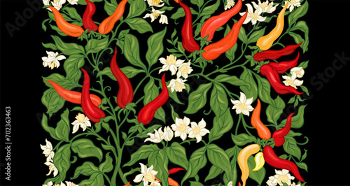 Hot chilly pepper plant with fruits and flowers Seamless pattern, background. Vector illustration. In art nouveau style, vintage, old, retro style.