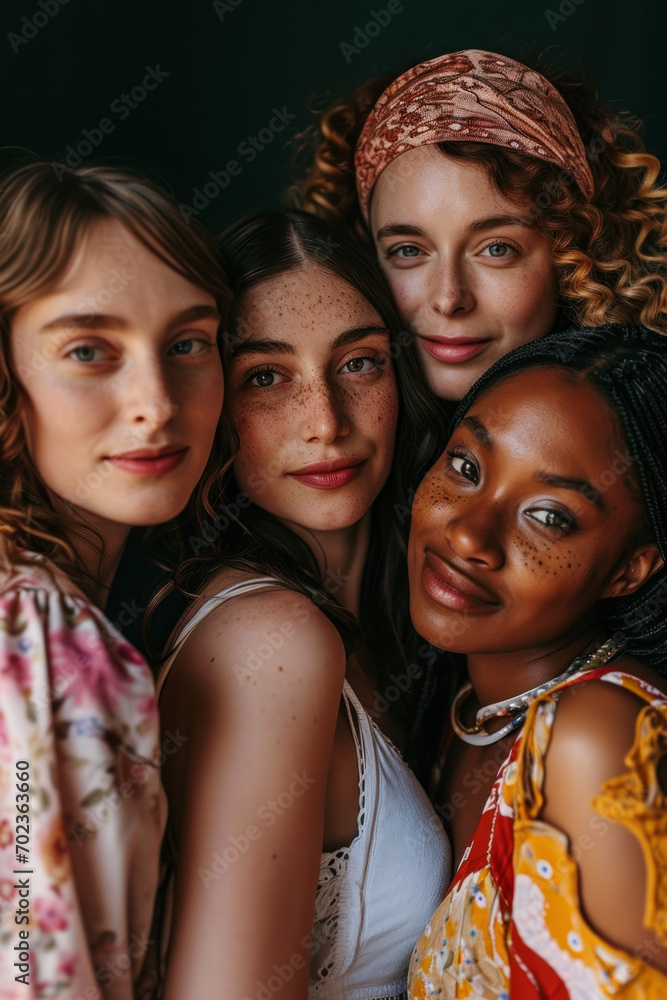 Obraz premium group of strong diverse confident women for empowerment feminism equality teamwork leadership poc with dark background studio light in magazine editorial look