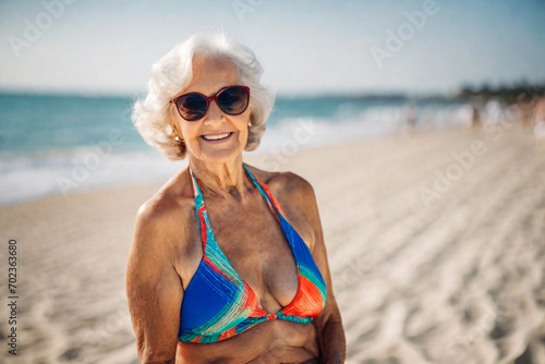 Happy old senior woman in bikini with wrinkled face, flabby tanning skin and gray hair enjoys retirement on sea beach, mature granny in sunglasses and swimwear, elderly model photo