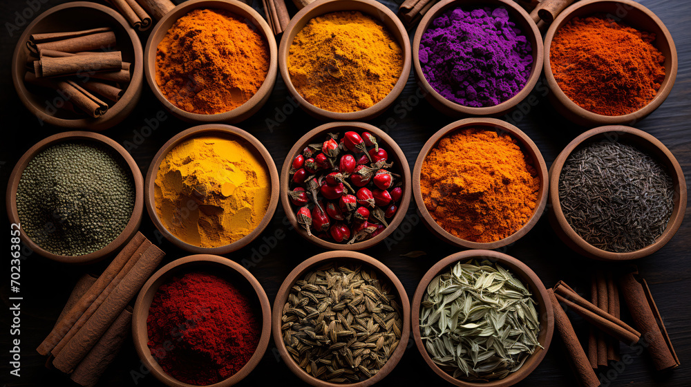 A bird's-eye view of a fragrant spice bazaar exhibiting a spectrum of vibrant spices.