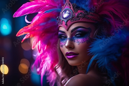 Beautiful young women in carnival, stylish masquerade costume with feathers on black wall in neon light