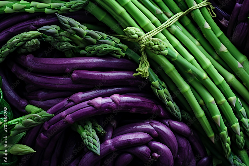 Green and purple asparagus and purple asparagus background.