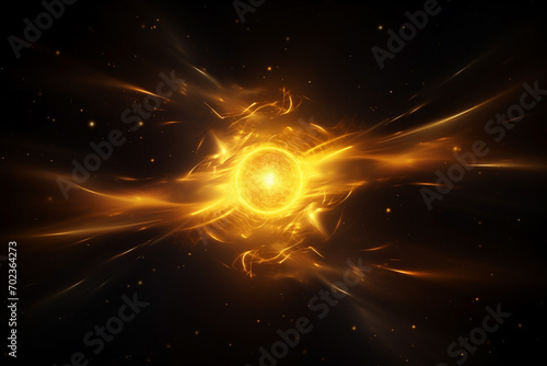 abstract yellow spiral cosmos object pulsar in dark space among stars, ray, emission photo